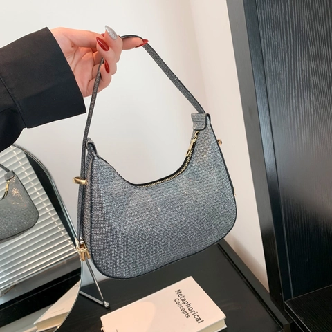Borsa Hobo Sottobraccio Glitterata Donna Chic Paillettes Pelle Sintetica Borsa A Spalla Per Festa Hardware Dorato