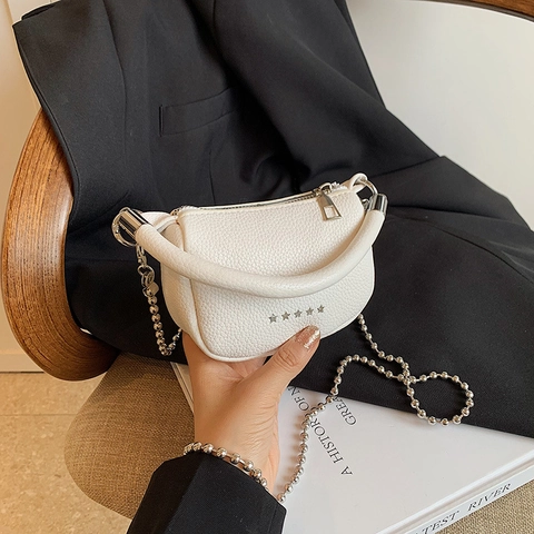 Women PU Leather Star Rivets Mini Shoulder Bag Lychee Pattern Half Moon Crossbody Bag With Ball Chain Underarm Handbag