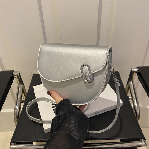 Women PU Leather Saddle Bag Solid Color Small Square Crossbody Shoulder Bag With Metal Buckle Minimalist Daily Fashion