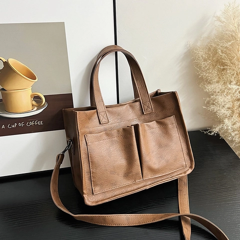 Borsa Tote da Donna in Pelle PU Grande Capacità Borsa a Tracolla da Pendolare Con Doppie Tasche Anteriori Borsa a Mano Retro per Università