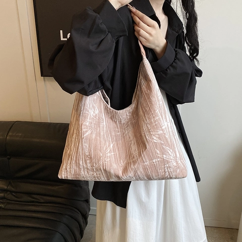 Borsa A Spalla In Velluto Da Donna Motivo Foglie Di Bambù Vintage Piegghettata Borsa Hobo Grande Capacità Casual Tote