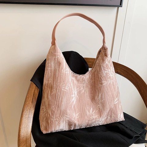 Borsa A Spalla In Velluto Da Donna Motivo Foglie Di Bambù Vintage Piegghettata Borsa Hobo Grande Capacità Casual Tote