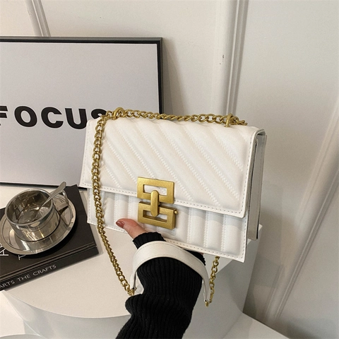 Women Quilted PU Leather Shoulder Bag Small Square Crossbody With Gold Chain Strap And Metal Interlocking Buckle Retro
