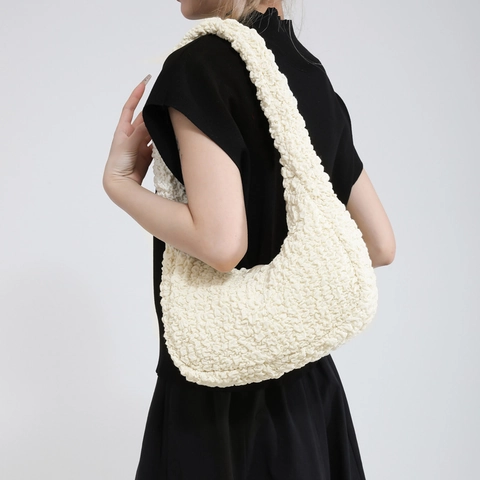 Nylon Popcorn Texture Shoulder Bag Women Bubble Ruched Underarm Hobo Bag Trendy Solid Color Minimalist Large Capacity