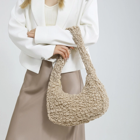 Nylon Popcorn Texture Shoulder Bag Women Bubble Ruched Underarm Hobo Bag Trendy Solid Color Minimalist Large Capacity