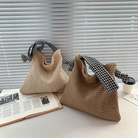 Women Fashion Straw Woven Tote Bag With Houndstooth Fabric Strap Bow Large Capacity Summer Beach Vacation Shoulder Bag