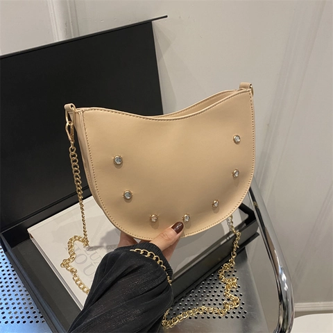 Crescent Half Moon Underarm Bag PU Leather Rhinestone Decor Gold Chain Strap Trendy Minimalist Shoulder Bag Women
