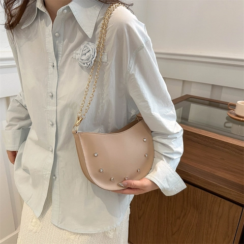 Crescent Half Moon Underarm Bag PU Leather Rhinestone Decor Gold Chain Strap Trendy Minimalist Shoulder Bag Women