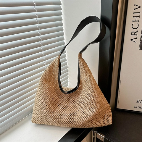 Gewebte Stroh Schultertasche Große Kapazität Lochmuster Tote Mit Innentasche Sommer Strand Urlaub Retro Für Damen