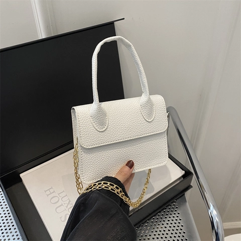 Women Mini Solid Color Lychee Pattern PU Leather Shoulder Bag Fashion Small Square Handbag With Metal Chain Strap Crossbody Bag