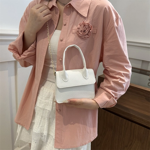 Women Mini Solid Color Lychee Pattern PU Leather Shoulder Bag Fashion Small Square Handbag With Metal Chain Strap Crossbody Bag