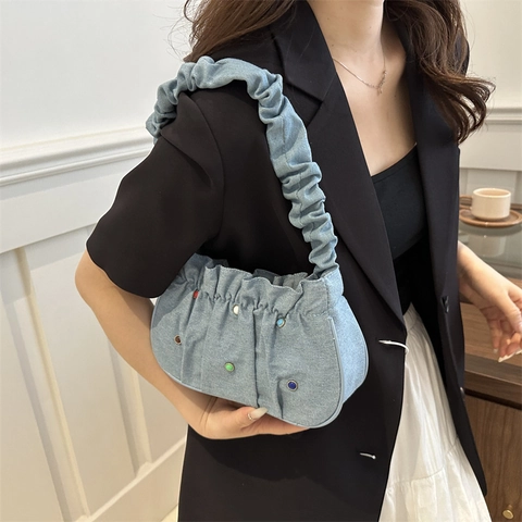 Damen Denim Geraffte Unterarmtasche Mode Bunte Strass Wolke Schultertasche Vintage Y2K Denim Handtasche Für Den Alltag