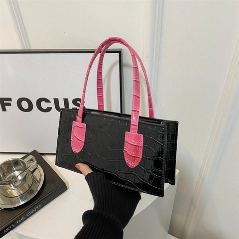Crocodile Pattern PU Leather Handbag For Women Contrast Handle Shoulder Bag Rectangular Small Square Fashion Street Daily Bag