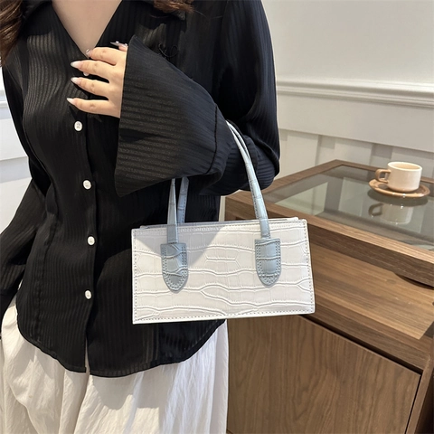 Crocodile Pattern PU Leather Handbag For Women Contrast Handle Shoulder Bag Rectangular Small Square Fashion Street Daily Bag