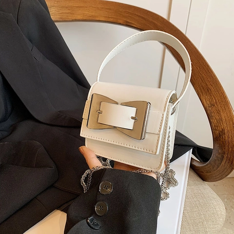 Mini Handbag PU Leather Square Crossbody Bag With Large Silver Bow Buckle Chain Strap Versatile Fashion For Women