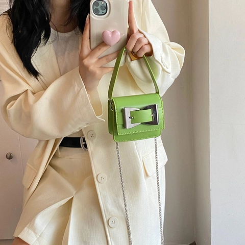 Mini Handbag PU Leather Square Crossbody Bag With Large Silver Bow Buckle Chain Strap Versatile Fashion For Women