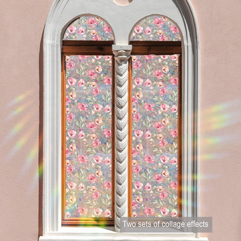 Película para Ventanas Estática Privacidad Pegatina de Vidrio 3D Efecto Arcoíris Patrón Floral Hoja Calcomanía Hogar Decoración