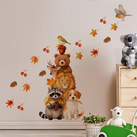 Stickers Muraux Animaux de la Forêt d'Automne Feuille d'Érable PVC Autocollant Aquarelle Décoration pour Chambre d'Enfant