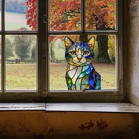 Buntglas Stil Fensteraufkleber Katze Kolibri Mosaik Muster PVC Statische Aufkleber Wohndekoration Dekorativ Transluzent