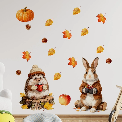 Stickers Muraux Animaux de la Forêt d'Automne Feuille d'Érable PVC Autocollant Aquarelle Décoration pour Chambre d'Enfant