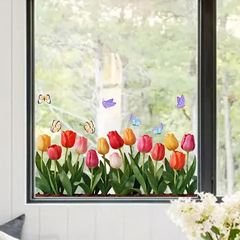 Autocollant de Fenêtre Statique Fleurs et Papillons Aquarelle Tulipe Rose Décalcomanies en PVC Amovibles Pour Miroir Maison