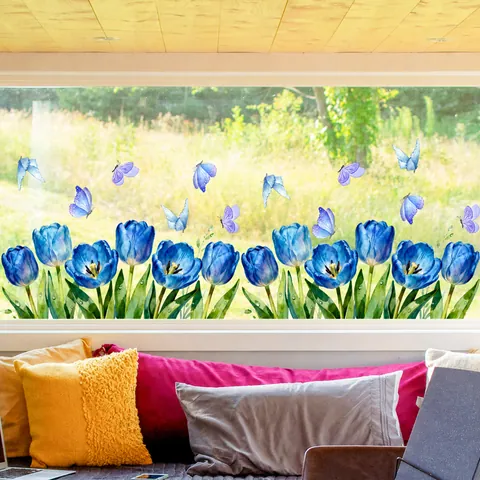 Watercolor Flower Butterfly Static Window Clings PVC Decorative Glass Stickers For Home Kitchen Living Room Removable Double Sided Visual Decals