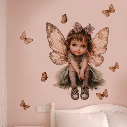 Adesivi Murali Fata Angelo Cartone Animato PVC Autoadesivo Farfalla Luna Per Camera Dei Bambini Bagno Decorazione
