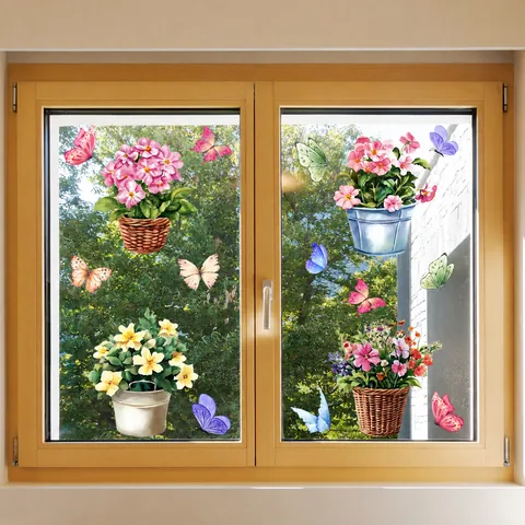 Watercolor Flower Butterfly Static Window Clings PVC Decorative Glass Stickers For Home Kitchen Living Room Removable Double Sided Visual Decals