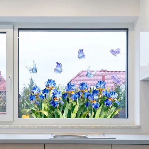 Autocollant de Fenêtre Statique Fleurs et Papillons Aquarelle Tulipe Rose Décalcomanies en PVC Amovibles Pour Miroir Maison