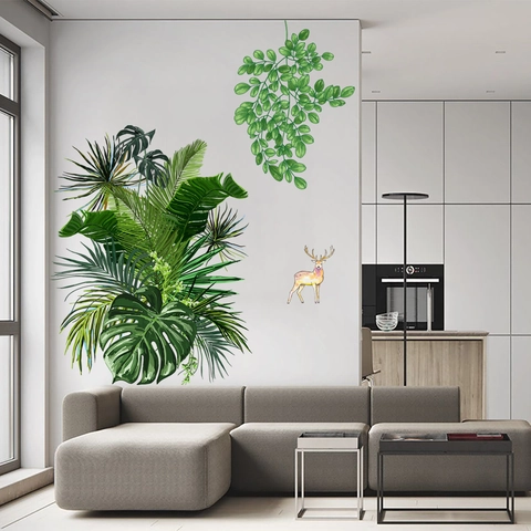 Nordic Style Tropical Monstera Palm Leaf Greenery Wall Stickers Deer Removable Waterproof PVC Home Living Room Decoration Decal