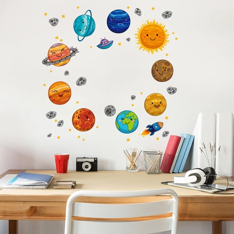 Cartoon Space Planets Wall Stickers For Kids Room Decor Waterproof PVC Solar System Rocket UFO Stars Nursery Wall Decals