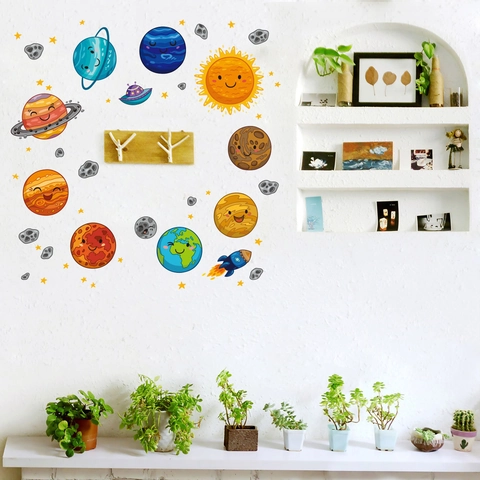 Cartoon Space Planets Wall Stickers For Kids Room Decor Waterproof PVC Solar System Rocket UFO Stars Nursery Wall Decals