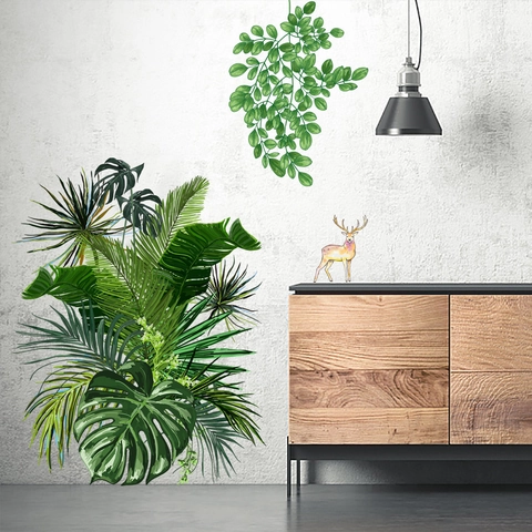 Piante Verdi Tropicali Monstera Foglie di Palma Acquerello Cervo Adesivi da Parete PVC Impermeabile Rimovibile Decalcomanie Soggiorno Camera da Letto