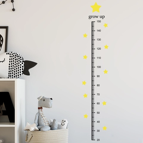 Kids Growth Chart Wall Sticker Removable PVC Height Measurement Ruler With Yellow Stars And Grow Up Letters For Nursery Decor