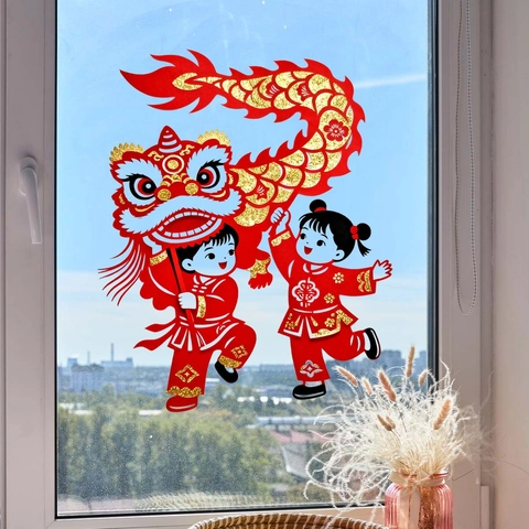 Adesivi per Finestre 3D Cartoon Dragon Lion Dance Capodanno Cinese Aderenza Statica in PVC per Porta in Vetro Decorazione