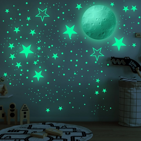 Autocollants Muraux Lumineux Lune Étoiles Et Points Glow In The Dark Décalcomanies En PVC Pour Plafond Chambre D'Enfants