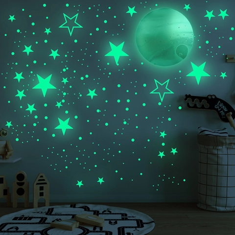 Stickers Muraux Lumineux Dans Le Noir Lune Étoiles Points PVC Autocollant Pour Décoration De Chambre D'enfant
