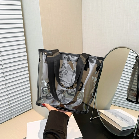 Transparent PVC Butterfly Print Tote Bag For Women Large Capacity Waterproof Summer Beach Shoulder Bag Casual Shopping Handbag