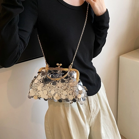 Fashionable Women Sequined Kiss-Lock Shoulder Bag With Metal Handle Chain Strap Vintage Small Crossbody Evening Clutch Purse For Wedding Party