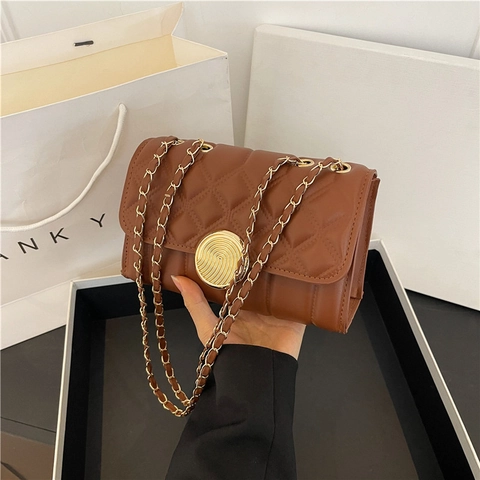 Women Quilted Lingge Shoulder Bag PU Leather Gold Turn Lock Fashion Chain Crossbody Square Bag Daily Dating Chic Handbag