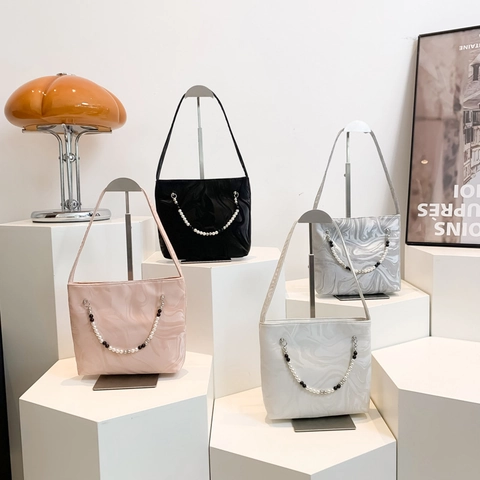 Marble Pattern PU Leather Underarm Bag With Faux Pearl Beaded Chain Fashion Niche Small Shoulder Bag Street Trend Daily Women Handbag