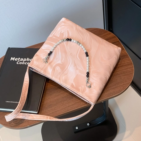 Marble Pattern PU Leather Underarm Bag With Faux Pearl Beaded Chain Fashion Niche Small Shoulder Bag Street Trend Daily Women Handbag