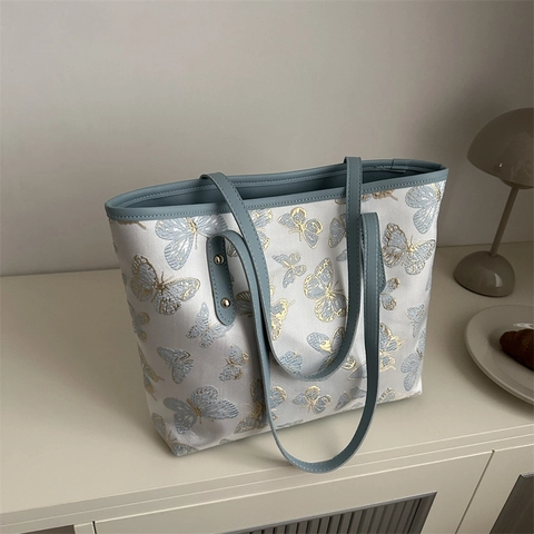 Large Capacity Chinese Style Satin Tote Bag For Women Butterfly Pattern Embroidered Shoulder Bag Daily Fashion Handbag
