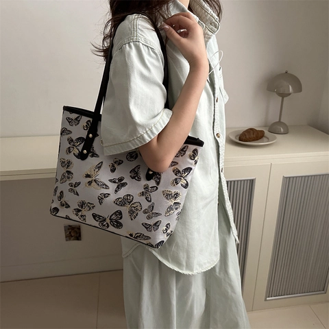 Large Capacity Chinese Style Satin Tote Bag For Women Butterfly Pattern Embroidered Shoulder Bag Daily Fashion Handbag
