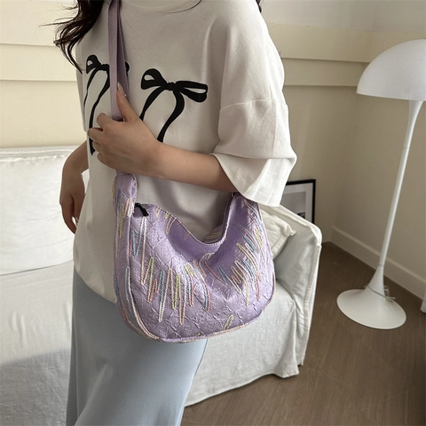 Damen Casual Nylon Hobo Tasche Mit Bunten Stickereien Plissierte Schultertasche Trendige Halbmond Tasche Umhängetasche