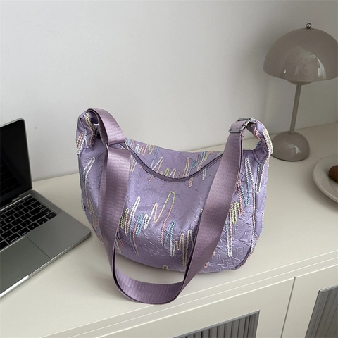 Damen Casual Nylon Hobo Tasche Mit Bunten Stickereien Plissierte Schultertasche Trendige Halbmond Tasche Umhängetasche