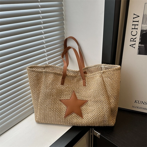 Borsa Tote da Donna Casual in Paglia Intrecciata con Patch a Stella in Colore a Contrasto Borsa a Tracolla Estiva da Spiaggia