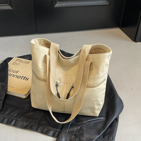 Γυναικεία Τσάντα Tote Μεγάλης Χωρητικότητας Μινιμαλιστικό Κορεάτικο Στυλ Διπλές Μπροστινές Τσέπες Με Φερμουάρ