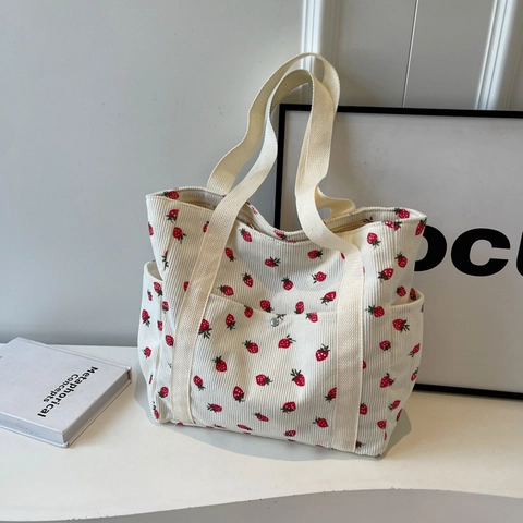 Borsa Tote in Tela con Stampa a Fragola Donna Grande Capacità Borsa a Tracolla Casual di Moda Estiva Semplice Borsa per Shopping