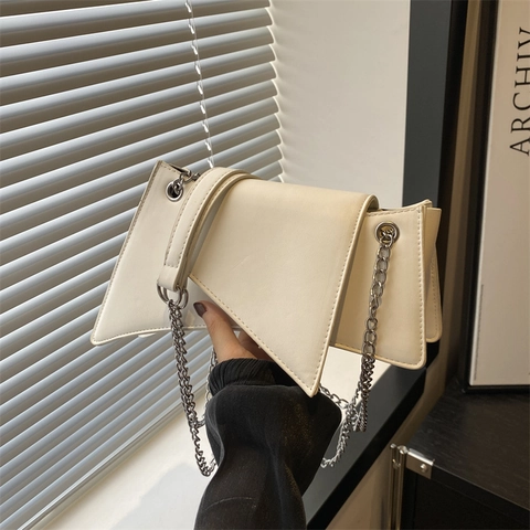 Borsa a Tracolla da Donna Con Patta Geometrica Asimmetrica in Pelle PU Catena Argento Borsa a Spalla Piccola Borsa Quadrata